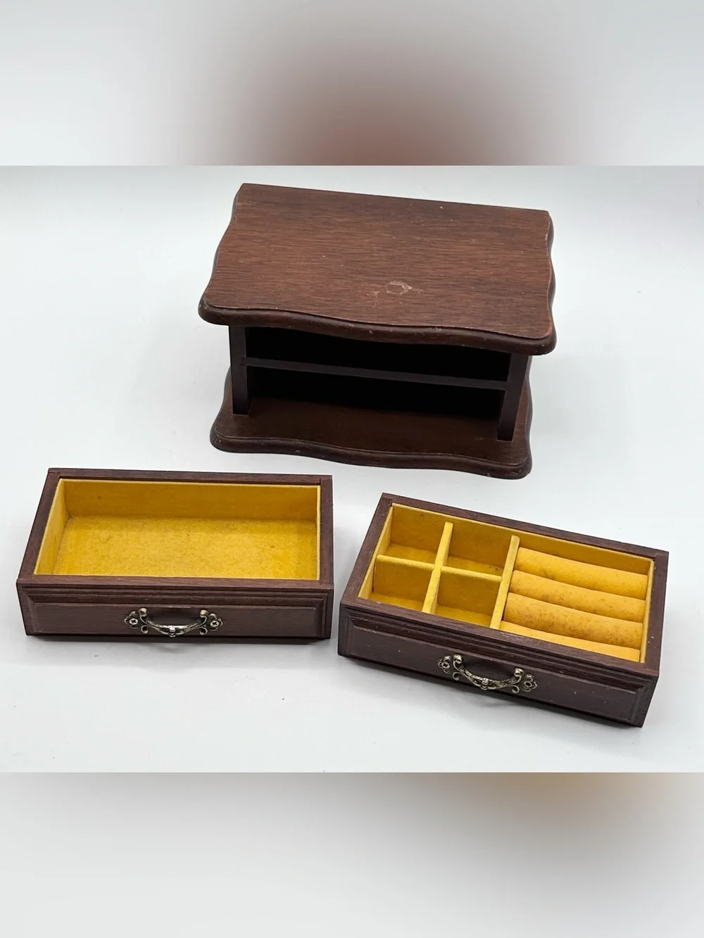 Vintage Wooden Jewelry Box 2 Drawers Ring Organizer 7.5
